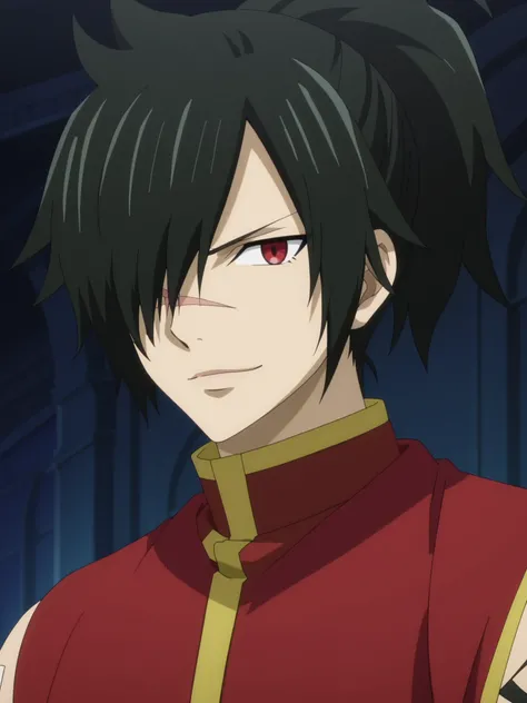 rogue_cheney, black hair, red eyes, hair over one eye, scar tattoo close-up, official style, ((anime screencap)), 8K, extremely detailed, 1boy, solo, looking at viewer, black background , shadow  , atmospheric perspective , intricately detailed , depth of ...