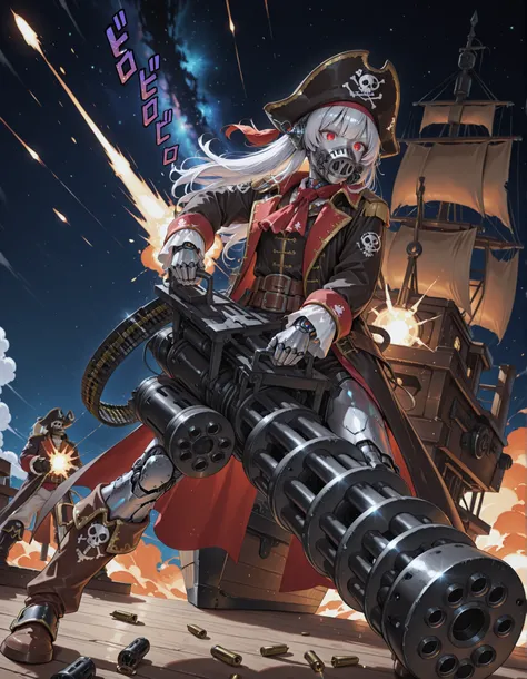 masterpiece, absurdres, highres, newest, solo, solo focus, cyborg, silver metallic skin, cybernetic limbs, space pirate, endoskeleton, red eyes, (long sleeves, pirate costume, pirate hat, pirate boots), space backdrop, attacking, on a pirate ship, space po...