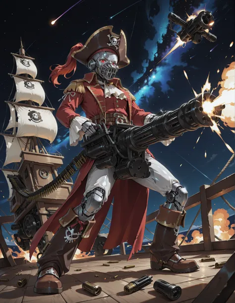 masterpiece, absurdres, highres, newest, solo, solo focus, bald head, cyborg, silver metallic skin, cybernetic limbs, space pirate, endoskeleton, red eyes, (long sleeves, pirate costume, pirate hat, pirate boots), space backdrop, attacking, on a pirate shi...