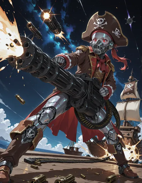 masterpiece, absurdres, highres, newest, solo, solo focus, bald head, cyborg, silver metallic skin, cybernetic limbs, space pirate, endoskeleton, red eyes, (long sleeves, pirate costume, pirate hat, pirate boots), space backdrop, attacking, on a pirate shi...