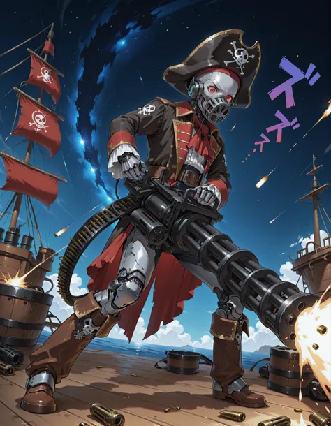 masterpiece, absurdres, highres, newest, solo, solo focus, bald head, cyborg, silver metallic skin, cybernetic limbs, space pirate, endoskeleton, red eyes, (long sleeves, pirate costume, pirate hat, pirate boots), space backdrop, attacking, on a pirate shi...