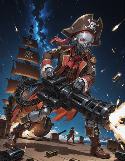 masterpiece, absurdres, highres, newest, solo, solo focus, bald head, cyborg, silver metallic skin, cybernetic limbs, space pirate, endoskeleton, red eyes, (long sleeves, pirate costume, pirate hat, pirate boots), space backdrop, attacking, on a pirate shi...