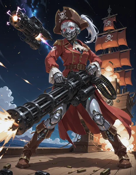 masterpiece, absurdres, highres, newest, solo, solo focus, bald head, cyborg, silver metallic skin, cybernetic limbs, space pirate, endoskeleton, red eyes, (long sleeves, pirate costume, pirate hat, pirate boots), space backdrop, attacking, on a pirate shi...