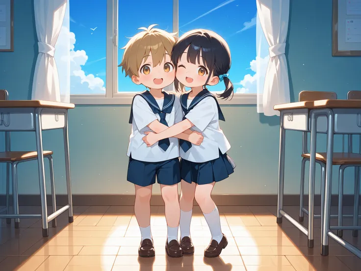 High Quality、full body、1 elementary school girl、1 elementary school boy、((2 people hugging each other))、romantic、night、classroom