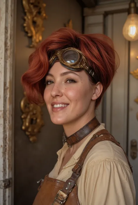 Hyper-realistic close-up photos of a laughing steampunk girl. The body is in profile . The head is turned towards the viewer. A glance to the side . Curly elastic red hair . very light, transparent olive eyes. long fluffy eyelashes. wide, beautiful smile...