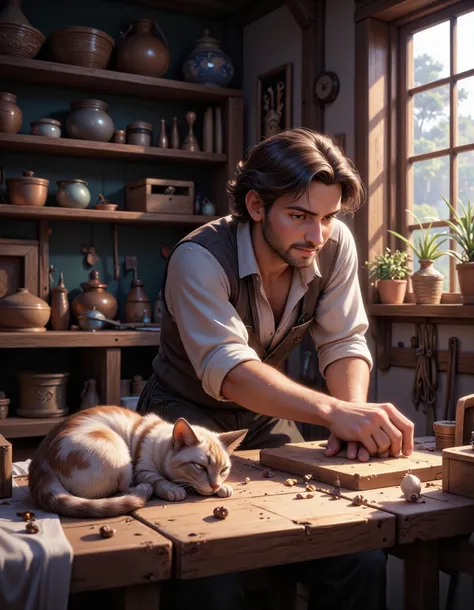 A carpenter happily working in his workshop, While a Siamese cat is sleeping peacefully. mid-20th century, anime-style,