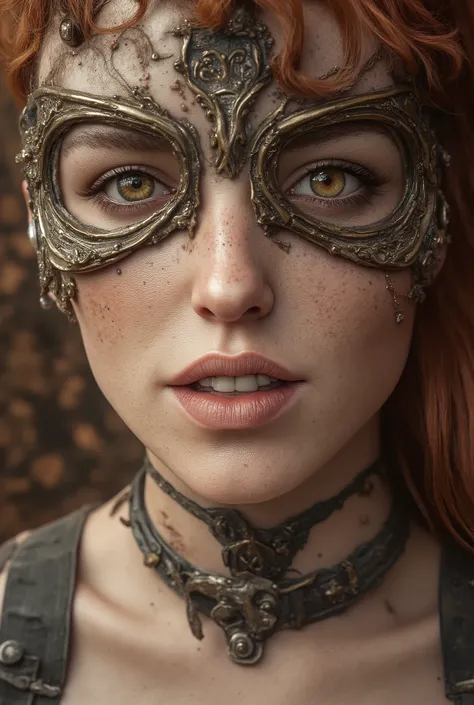 Hyper-realistic close-up photos of a laughing steampunk girl. The body is in profile . The head is turned towards the viewer. A glance to the side . Curly elastic red hair . very light, transparent olive eyes. long fluffy eyelashes. wide, beautiful smile...