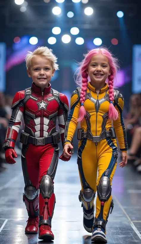 character: 1 baby boy blonde hair wearing futuristic red captain America body suit with silver armor futuristic blue accents , and 1 baby girl pink hair Two braids Long Wearing futuristic yellow captain america body suit with silver armor futuristic blue ...
