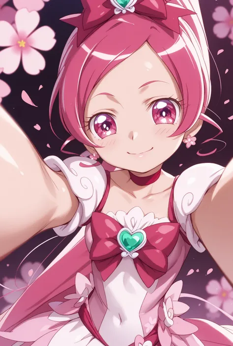 heart catch Pretty Cure、cute、Cure Blossom、Cherry blossom dancing background 、 Slim、small breasts、Shiny on the skin、Fun、cuteポーズ、selfie、
