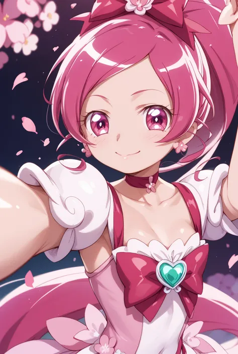 heart catch Pretty Cure、cute、Cure Blossom、Cherry blossom dancing background 、 Slim、small breasts、Shiny on the skin、Fun、cuteポーズ、selfie、