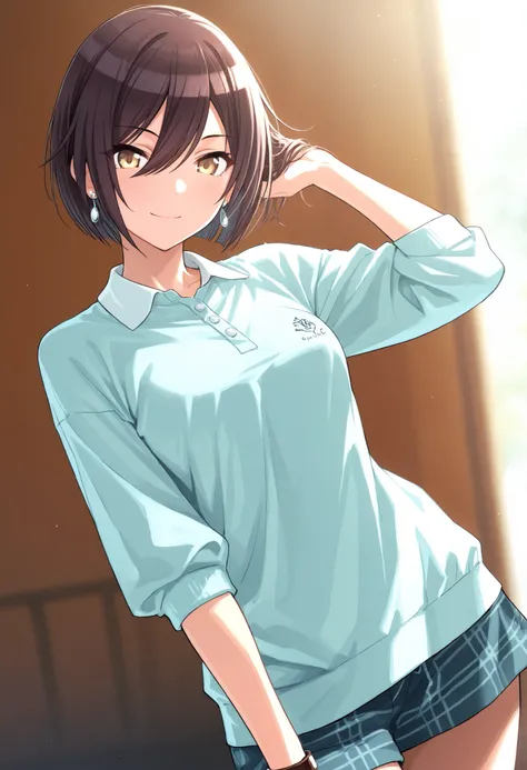 （masterpiece),(best quality),(ultra-detailed),(best illustration),(best shadow),(absurdres),(detailed background),(very aesthetic),Shirase Sakuya, 1girl, solo, brown hair, short hair, yellow eyes, small breasts, slender body, gentle smile, dark brown strai...