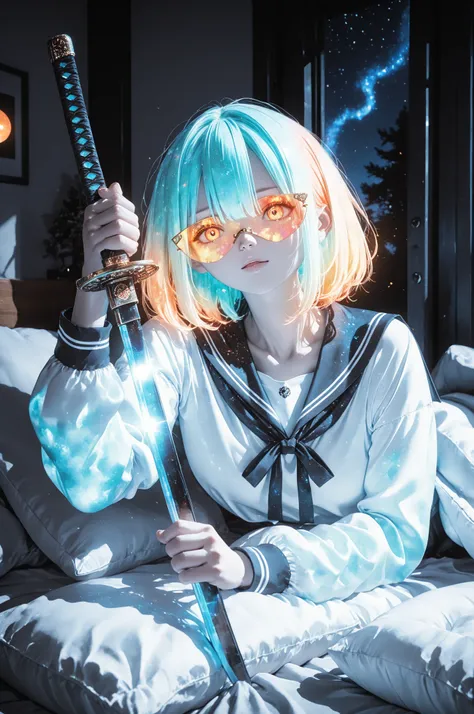 girl in Japanese school uniform with sailor, is holding bloody shuryukens, behind her katana, short night sky with stars colored hair and bright orange eyes, pillows, 8k, professional, photorealistic, high definition, deep study, detailed lighting, immersi...