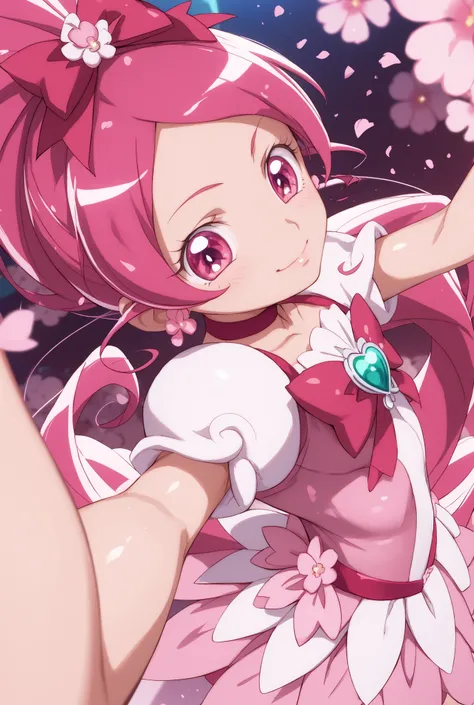 heart catch Pretty Cure、cute、Cure Blossom、Cherry blossom dancing background 、 Slim、small breasts、Shiny on the skin、Fun、cuteポーズ、angle from above、