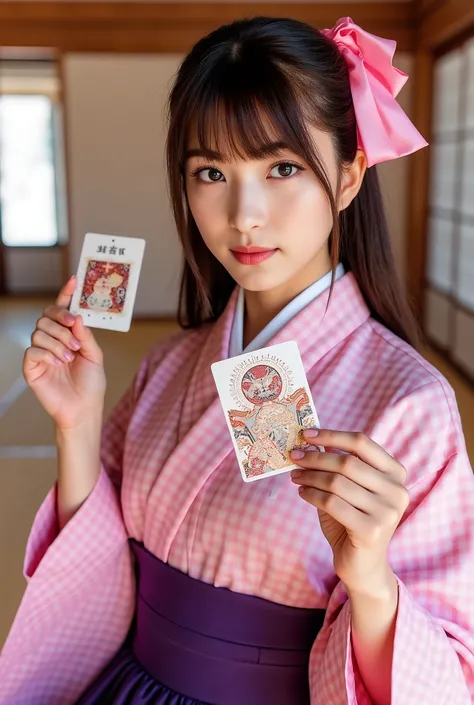 A stunning photobook featuring a beautiful Japanese idol girl with fair skin. Her long, straight hair is neatly tied at the back, with soft bangs framing her face, adorned by a large pink ribbon. She is dressed in an elegant hakama ensemble—a pink checkere...