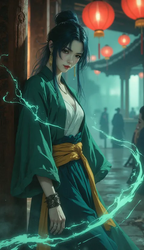 (epic masterpiece, award-winning art, ultra-detailed, cinematic photograph:1.3), a full-body portrait of a legendary wuxia swordswoman, the epitome of rebellious grace. She leans with nonchalant confidence against a heavily carved wooden pillar in a bustli...