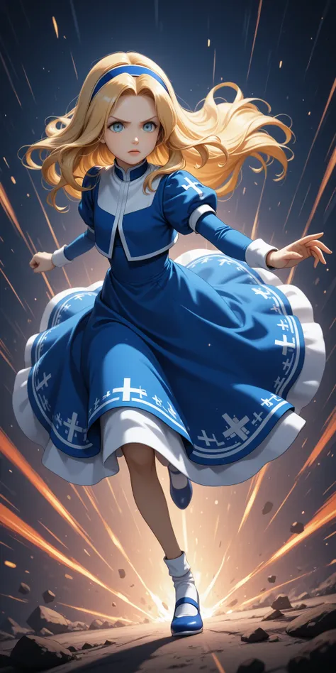 unifiedmaria, blue dress, puffy sleeves, medium skirt, shoes, blue footwear, (dynamic pose:1.4), dynamic angle:1.4)