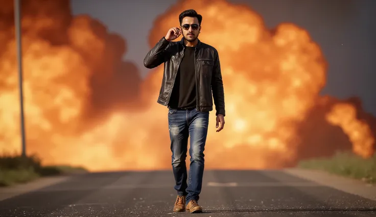The character walks slowly towards the camera with a confident smirk, casually putting on sunglasses. In the background, a massive explosion erupts, with flames bursting dramatically.