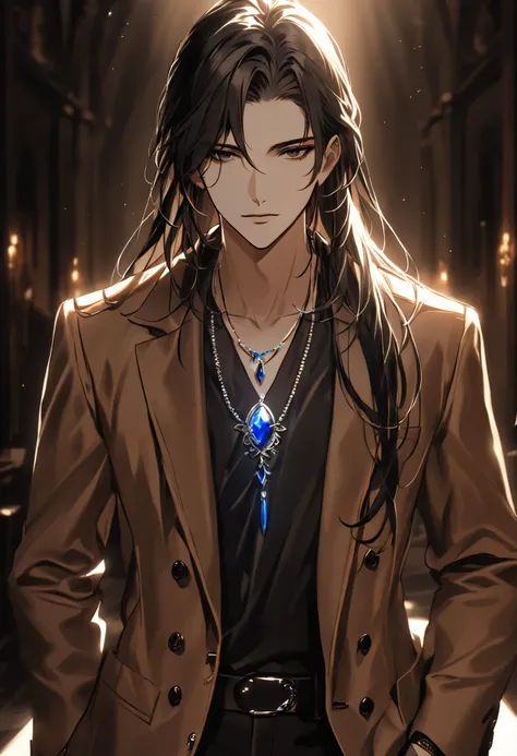 Handsome young man, athletic body, long hair, black hair, black eyes, wearing casual yet elegant clothing. He has a stylish brown jacket and a striking blue gemstone necklace on his chest. The background is softly blurred, emphasizing his charismatic and m...