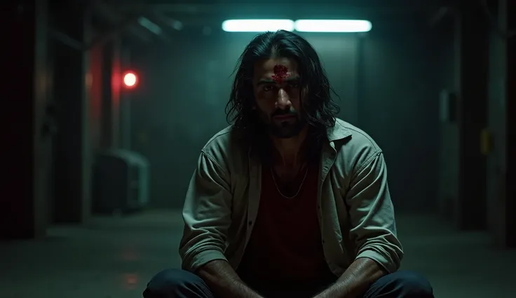A gritty cinematic shot of an intense Indian man (30s, rugged, long hair, blood on face), sitting alone in a dark empty warehouse, neon light flickering in the background, high contrast, dramatic lighting, Bollywood movie still style