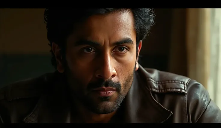 Close-up of a brooding Indian man in a leather jacket, speaking intensely, low lighting, cinematic Bollywood style, background blur, emotional expression, high realism, movie scene atmosphere

