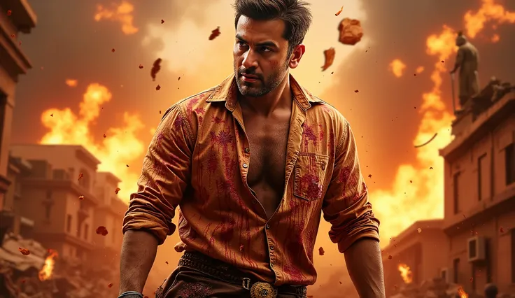 Poster-style shot of an intense Indian hero with a blood-stained shirt, holding a weapon, fire and destruction in the background, title “ANIMAL 2” in bold metallic letters, cinematic poster look