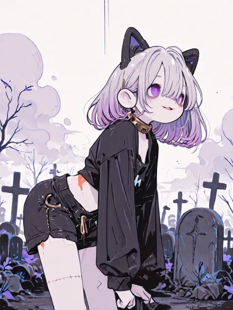 ((Masterpiece)), ((best quality, very aesthetic, absurdres, newest, detailed background, High Definition)), (profile, from below), ((1girl)), cute young girl, (Healthy Gaunt body, Textured skin, small chest, tilt head), ((pale skin)), rusty metal collar, (...