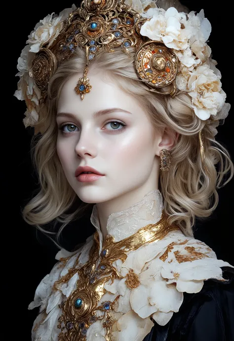 A sharp 9:16 shoulder-up portrait in photorealistic clarity with soft frontal lighting and dark studio backdrop. An adult woman with fair pearl-toned skin and golden eyes gazes gently past the viewer. Her golden-blonde hair is crowned with a radiant headdr...