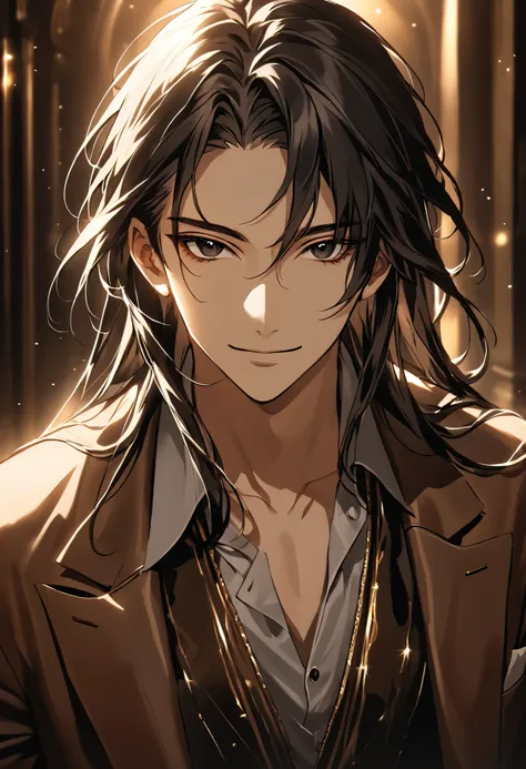 Handsome young man, athletic body, long hair, shoulder length hair, black hair, black eyes that shine, tanned skin, wearing casual yet elegant clothing. He has a stylish brown jacket. The background is softly blurred, emphasizing his charismatic and myster...