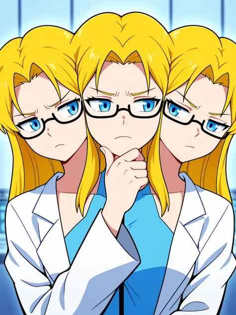 anime girl with three heads, 3 heads, conjoined, thinking, focused, contemplative, slightly frustrated, blond hair, blue eyes, glasses, white lab coat, hand on chin, laboratory