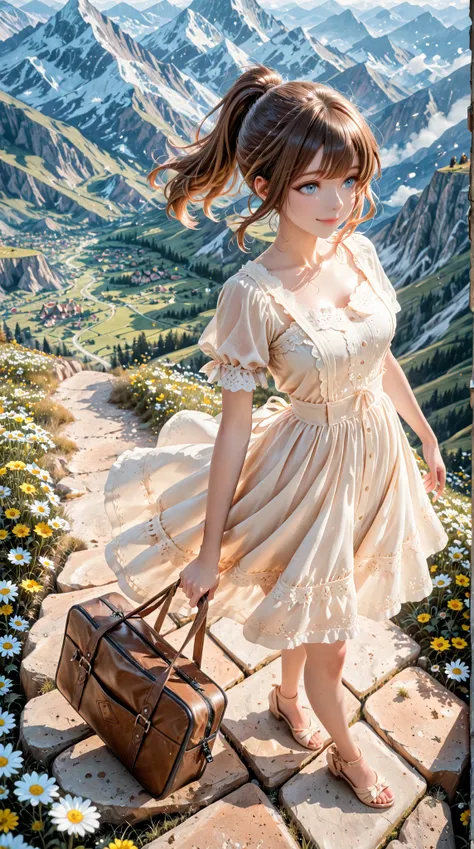 Dynamic perspective angle shot, A digital art image shows a  girl smiling, ponytail brunette hair, and striking blue eyes, standing on edge of the cliff setting. She is dressed in a white  picnic dress, travel bag on her back. daisy flower in her hand. The...