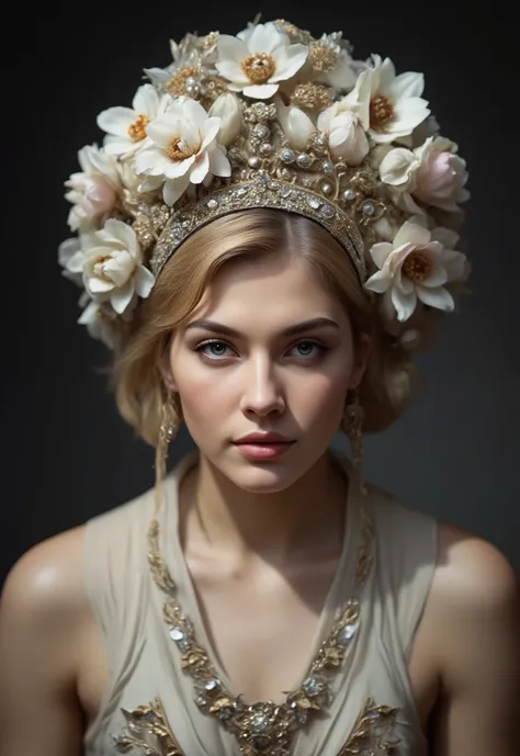 A sharp 9:16 shoulder-up portrait in photorealistic clarity with soft frontal lighting and dark studio backdrop. An adult woman with fair pearl-toned skin and golden eyes gazes gently past the viewer. Her golden-blonde hair is crowned with a radiant headdr...