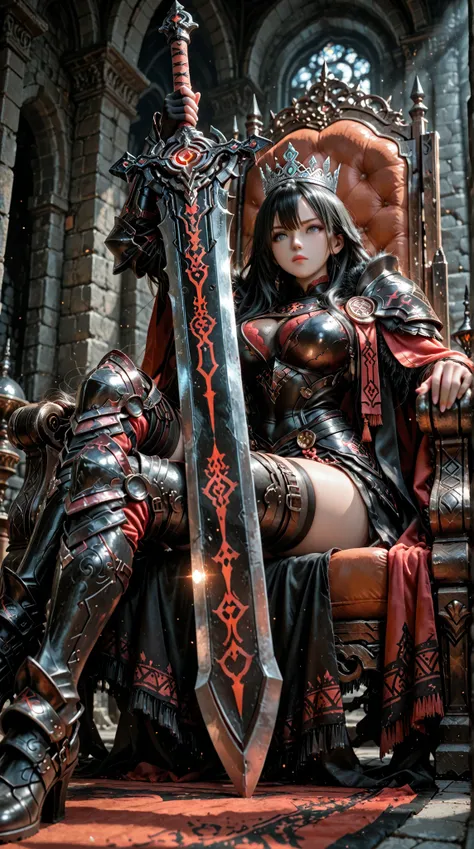 Dynamic perspective angle shot, A digital art image shows a older woman king, very short black hair, and dull grey eyes, sit on the throne room setting. She has a serious and no non-sence looks.She is dressed in a black and red king armor, complete with a ...