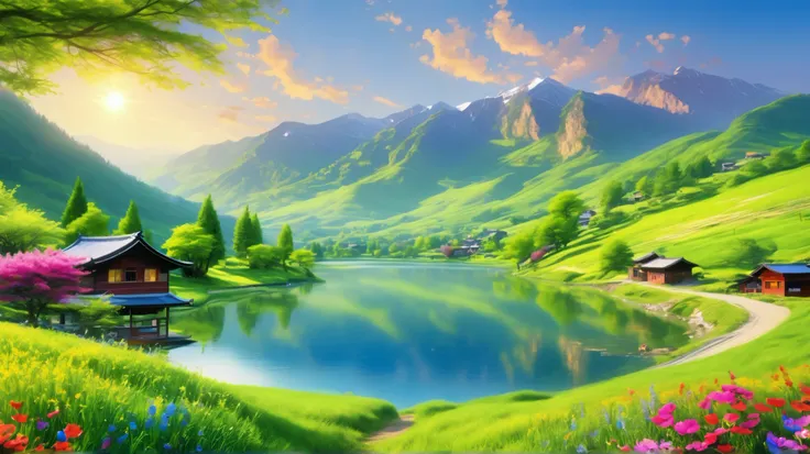 vast green scenic landscapes、Majestic majestic mountains々、lake、Spring Mountain々、green ranch、Blue Sky、photorealism、Mountain Background、flower meadow streets with the sunrise in the background