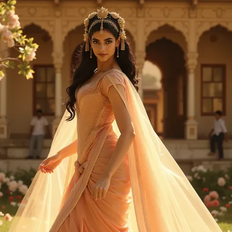 A tranquil Indian palace scene bathed in warm sunlight reveals a grand courtyard and lush gardens. A princess walks gracefully through the garden in a semi-transparent silk sari, her pose elegant and expressive. She looks directly at the viewer — her long ...