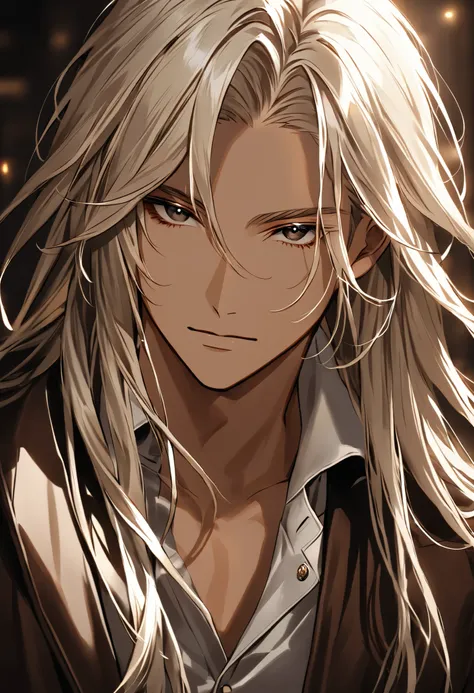 Handsome young man, athletic body, muscle, long hair, shoulder length hair, platinum blonde hair, black eyes, tanned skin, wearing casual yet elegant clothing. He has a stylish brown jacket. The background is softly blurred, emphasizing his charismatic and...