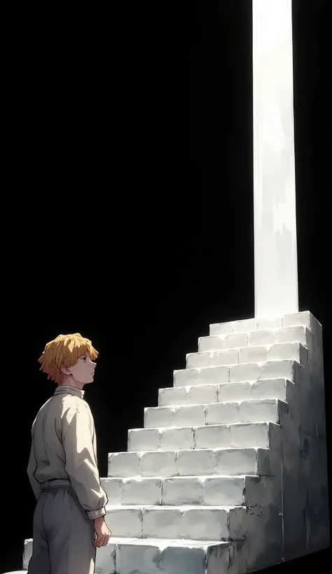 high quality, 8K Ultra HD, zenitsu standing at the bottom of a tall white staircase, looking up calmly, arms by the side, neutral face. Black background, side view image 