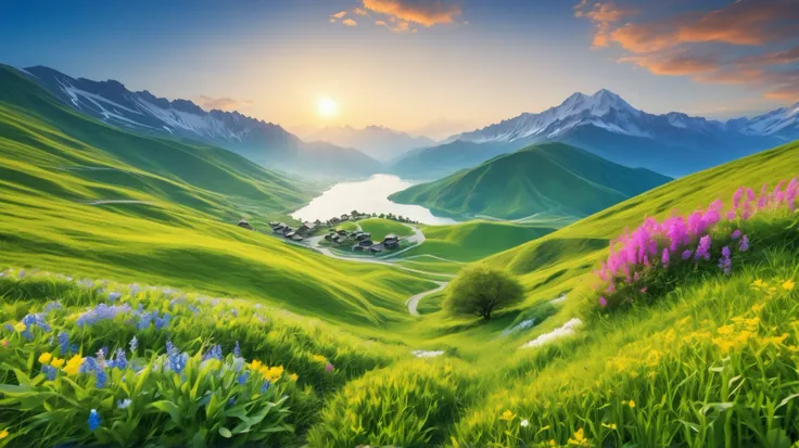 vast green scenic landscapes、Majestic majestic mountains々、lake、Spring Mountain々、green ranch、Blue Sky、photorealism、Mountain Background、flower meadow streets with the sunrise in the background