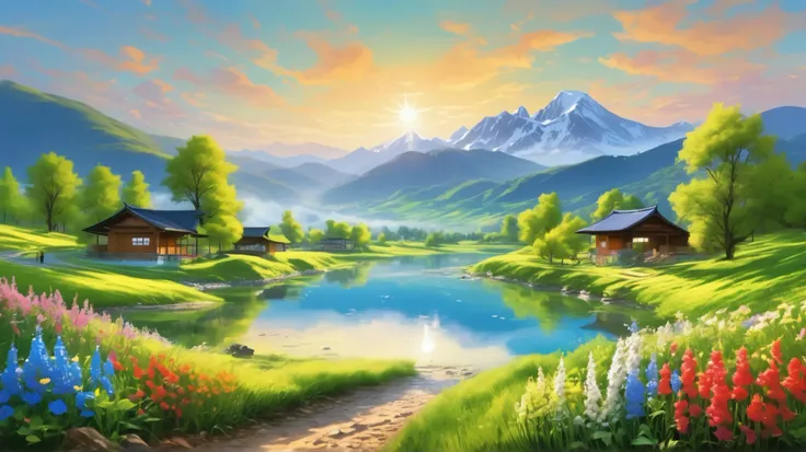 vast green scenic landscapes、Majestic majestic mountains々、lake、Spring Mountain々、green ranch、Blue Sky、photorealism、Mountain Background、flower meadow streets with the sunrise in the background
