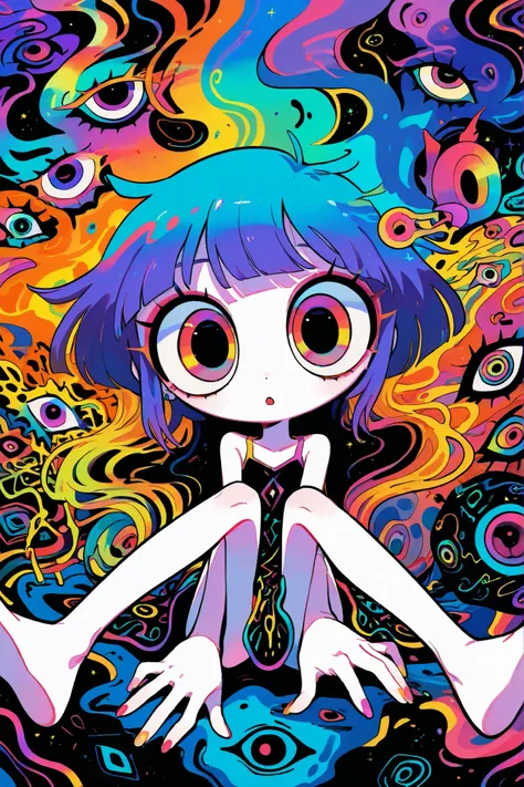 1 , Colourful goz fashion, Hair, sit with legs spread, rest, Naughty, ultimate quality, big eyes, abstract,