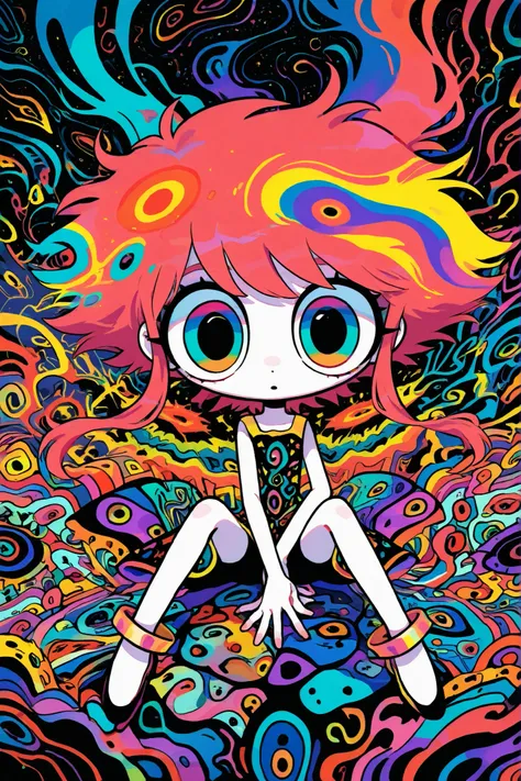 1 , Colourful goz fashion, Hair, sit with legs spread, rest, Naughty, ultimate quality, big eyes, abstract,