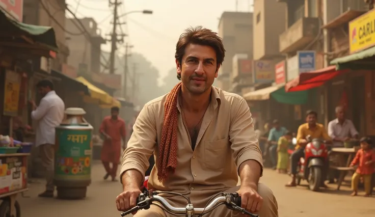 "Ultra-detailed 3D cinematic render of Hollywood actor Tom Cruise, portrayed realistically as an Indian rickshaw puller in the bustling streets of Old Delhi. He is clearly recognizable, with his signature facial features and hairstyle, wearing a dusty beig...