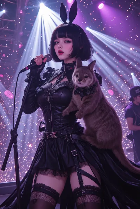 bunny headband、concert、Gothic ta bunny girl fashion idol girl singing on live stage、The beautiful light shining through the window is sparkling and beautiful、At a dynamic angle、Fashionable Photo、looking at viewer、smile looking at the camera、Extremely beaut...
