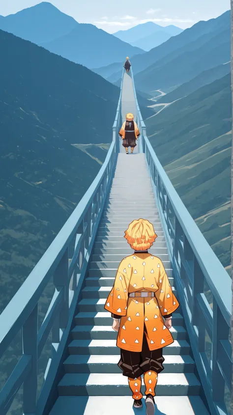 high quality, 8K Ultra HD, zenitsu agatsuma from demon slayer, standing before first step of the bottom of a tall white staircase of a unknown destination, looking up of the staircase calmly, arms by the side, neutral face. Beautiful landscape scenery back...