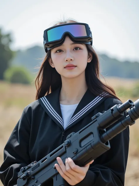 cute Japanese schoolgirl, electronic goggles, mechanical gloves, giant railgun, 4K, HDR, Realistic, detailed depiction, bright colors, Photographic Textures, Fine Textures, gun mount, Battlefield Scenery, Daylight, Japanese school, uniform, schoolgirl,  lo...