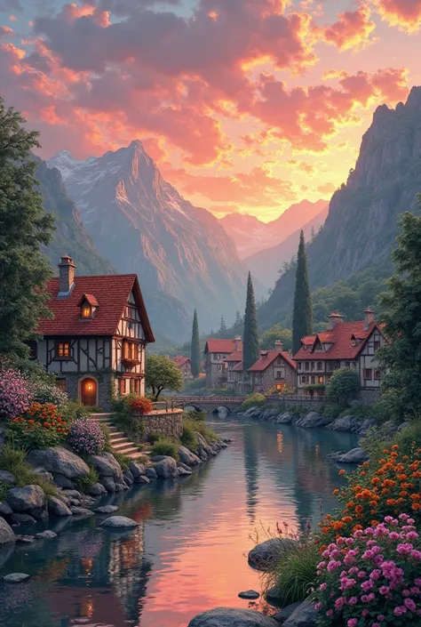 a small village by the river, mountains in the background, floral flowers colorful, detailed landscape, Beautiful natural landscapes, atmospheric lighting, scorching sunset, warm colours, practical, photopractical, Detailed Foliage, complex buildings, cobb...