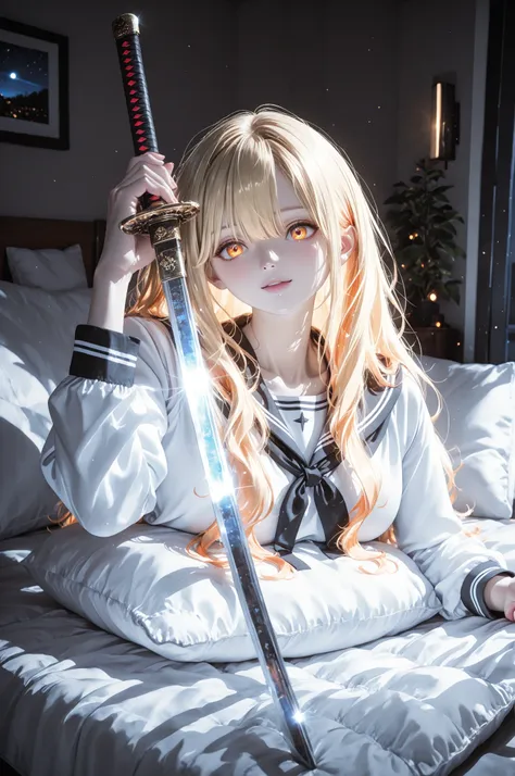 by a girl in a Japanese school uniform with a sailor, is holding bloody shuryukens, behind her katana, short of the night sky with stars of hair color and bright orange eyes, gallatic hair and stars, pillows, 8k, professional, photorealistic, high definiti...