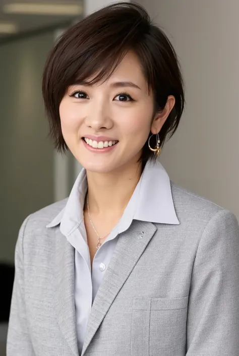 nsfw, (spread pussy:1.3)Neat Young Woman、looking at camera、office lady suit、Jacket、shirt、 Ear piercings、necklace、smile showing teeth、dark eyeshadow、、background is office