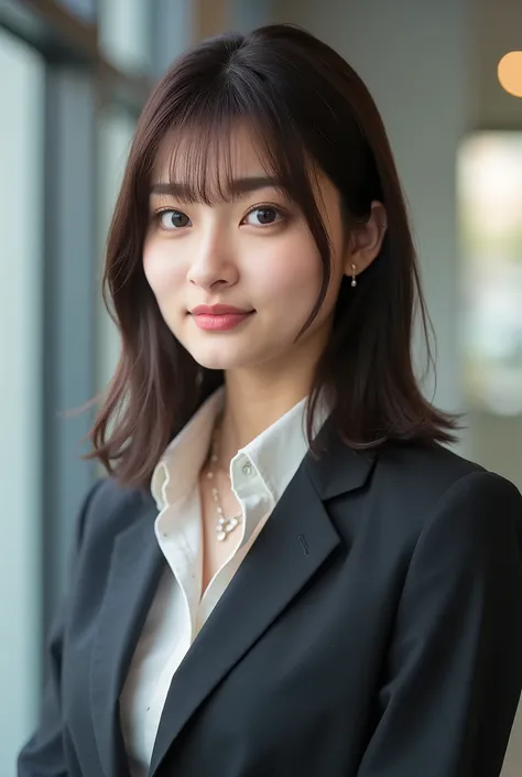 
Neat Young Woman、and look at the camera、office lady suit、jacket、shirt、necklace、ear piercing、口を閉じた笑顔、背景はオフィス


