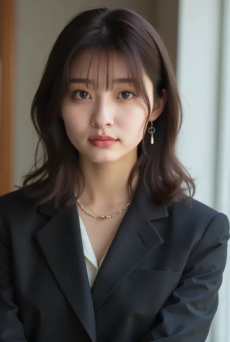 Neat Young Woman、and look at the camera、office lady suit、jacket、shirt、necklace、ear piercing、口を閉じた笑顔、背景はオフィス
