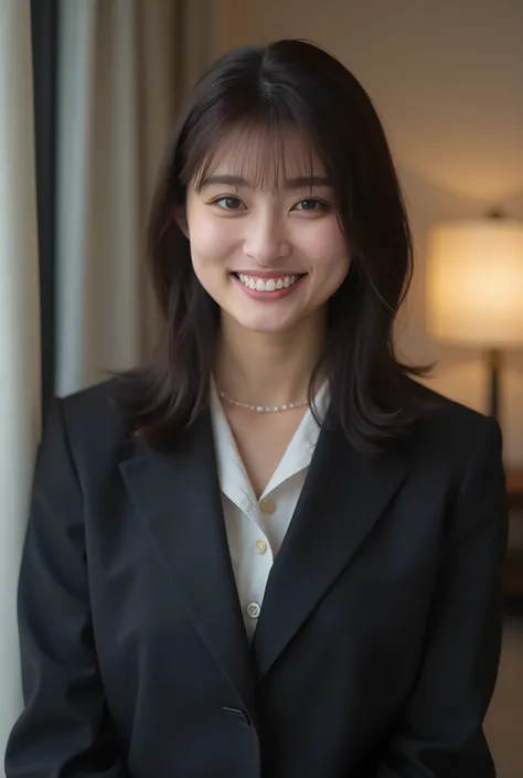 Neat Young Woman、and look at the camera、smile showing teeth、office lady suit、jacket、shirt、、、耳にピアス、 、dark eyeshadow、upper body、Background is in a room、

